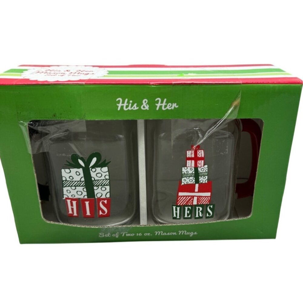 TMD holding his & her set of 2 16oz Christmas mason mugs handles red READ NEW